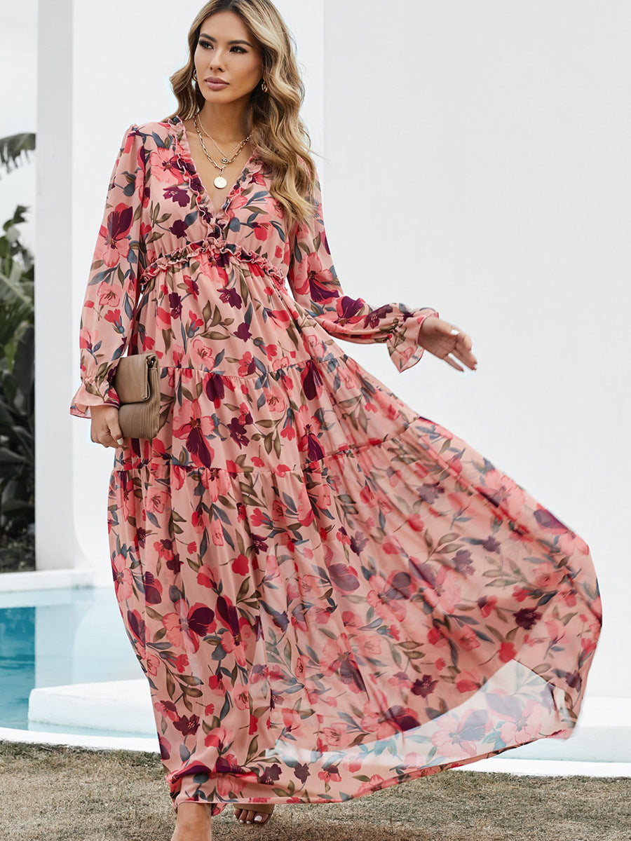 Heidi-Mode | Druck Kleid mit Langen Ärmeln und V-Ausschnitt