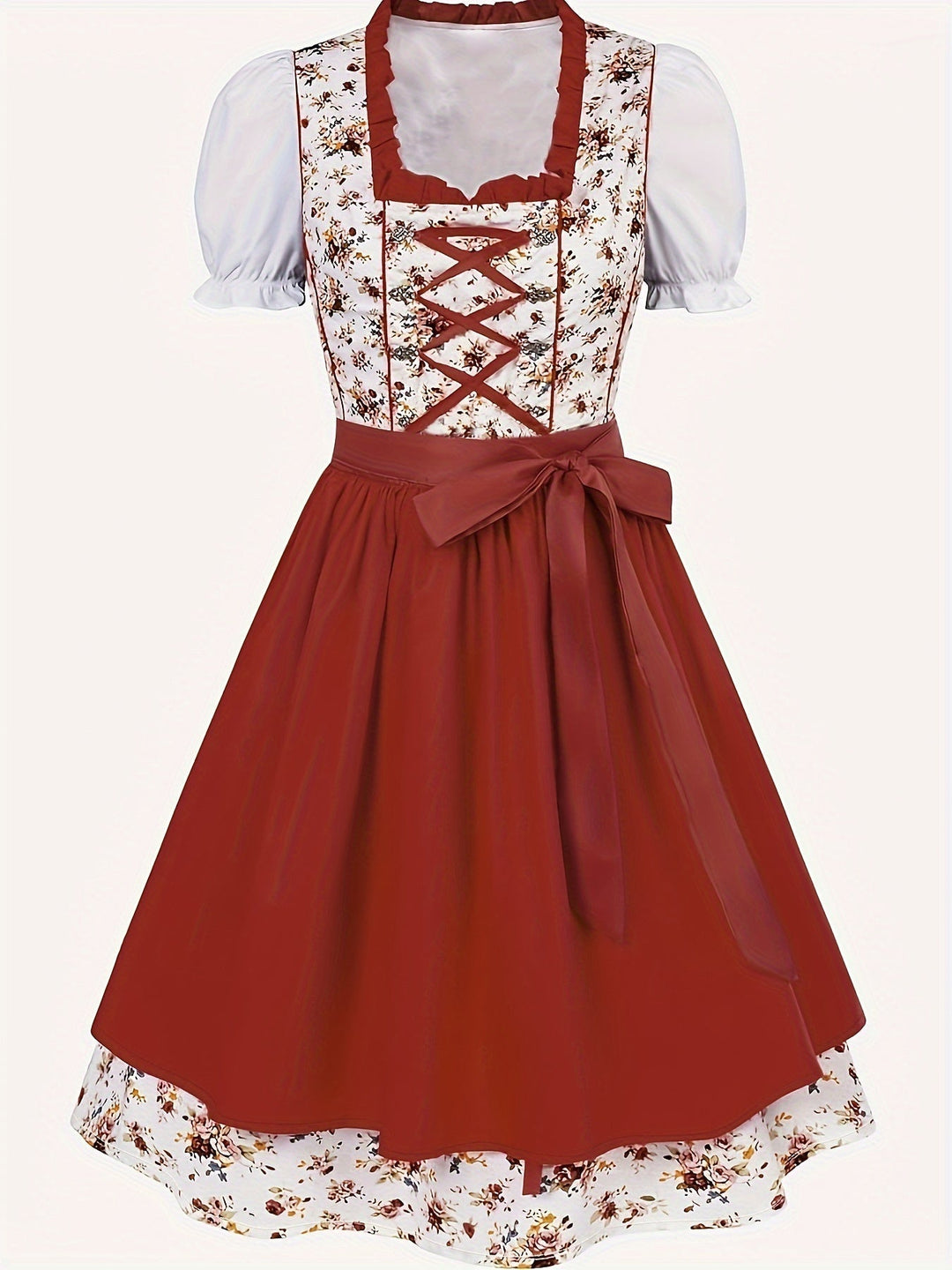 Heidi-Mode - Stilvolle Herbst Rote Dirndl mit Blumenmuster und Schürze für Frauen