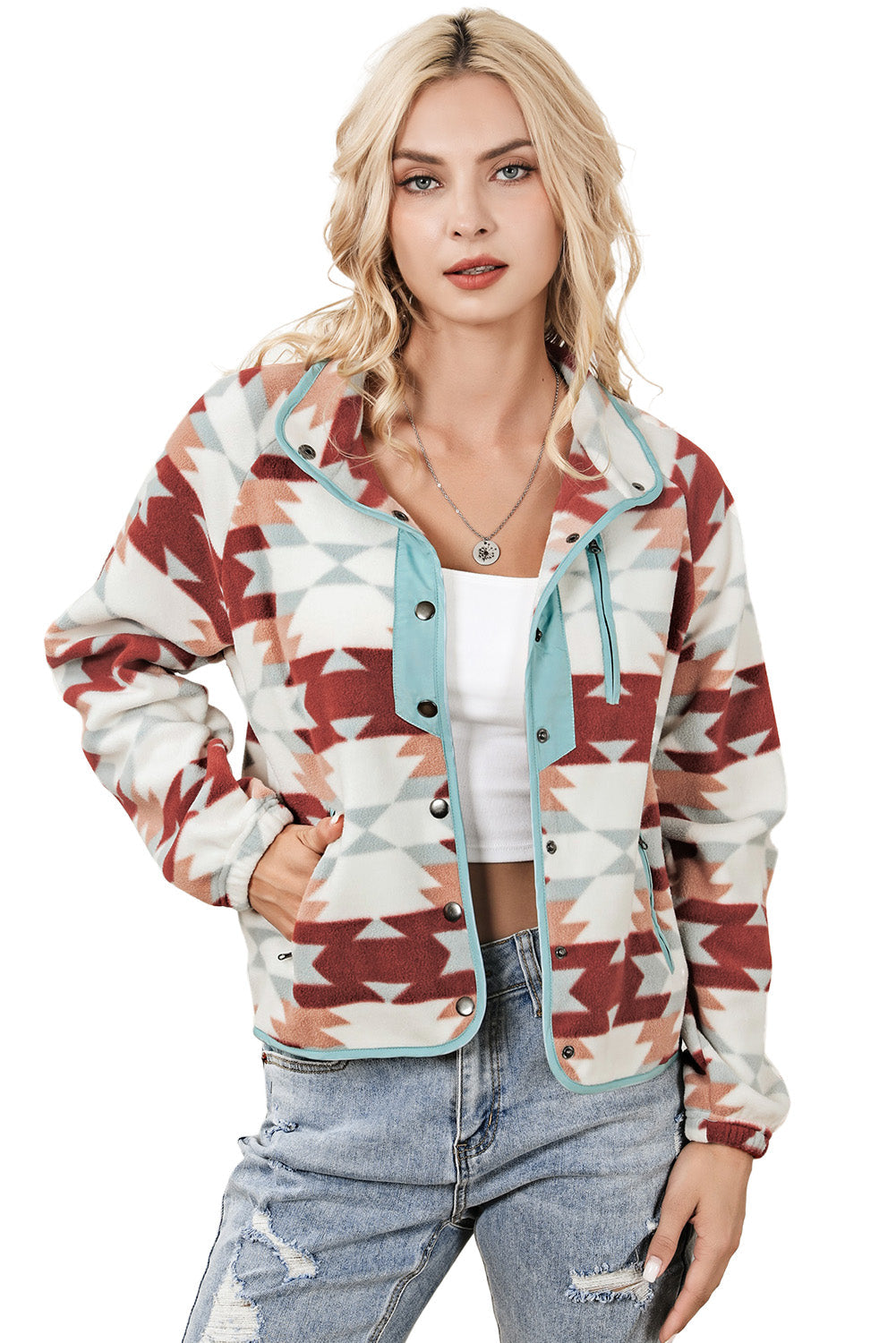 Rote Western Aztec Geknöpft Reißverschlusstaschen Fleece Jacke