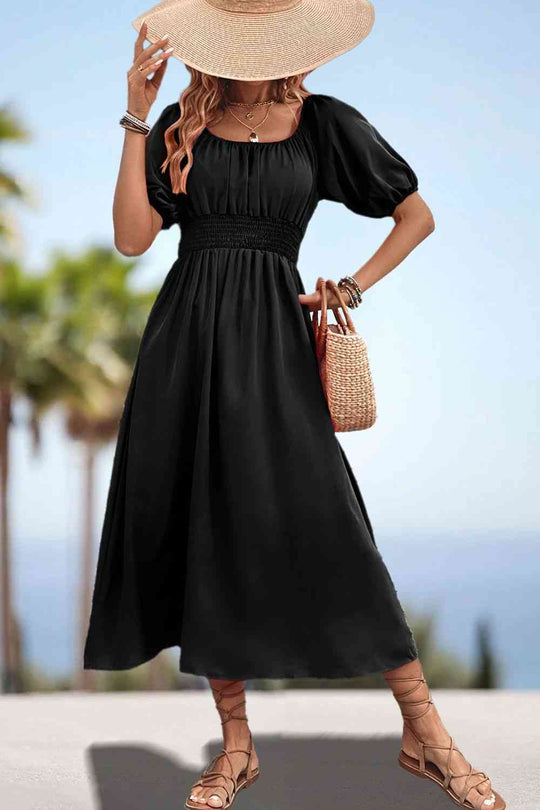Heidi-Mode | Quadrat-Ausschnitt Geraffte Taille Puffärmeln Midi Kleid