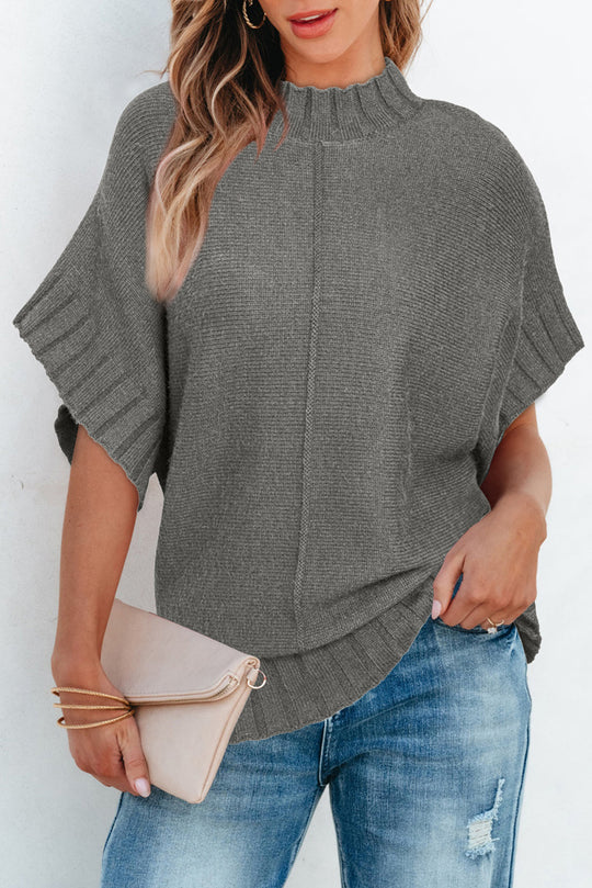 Grey Mock Neck Batwing Kurzarm-Strickpullover