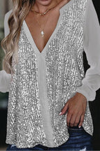 Heidi-Mode | Lange Ärmel Pailletten V-Ausschnitt Bluse