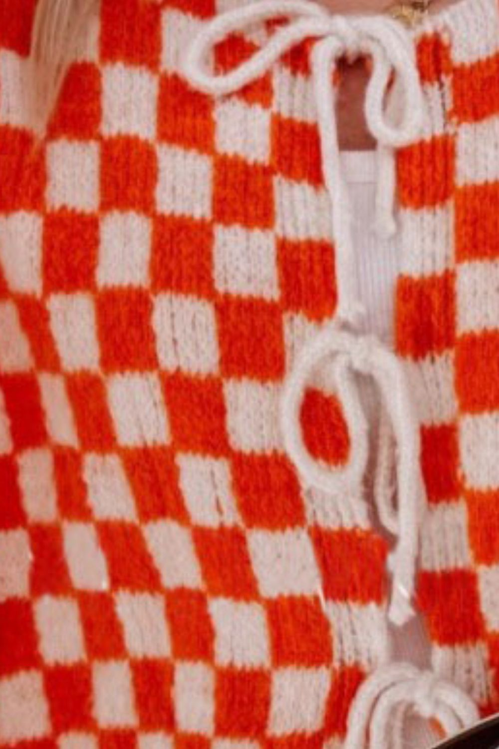 Heidi-Mode | Double Take Gebunden Karierter Fall Schulter Volant Ärmel Strickjacke