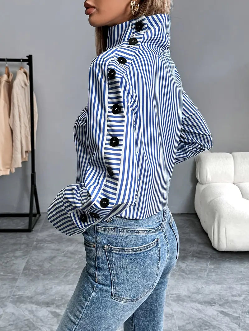 Heidi-Mode | Gestreifte Bluse mit Hohem Kragen