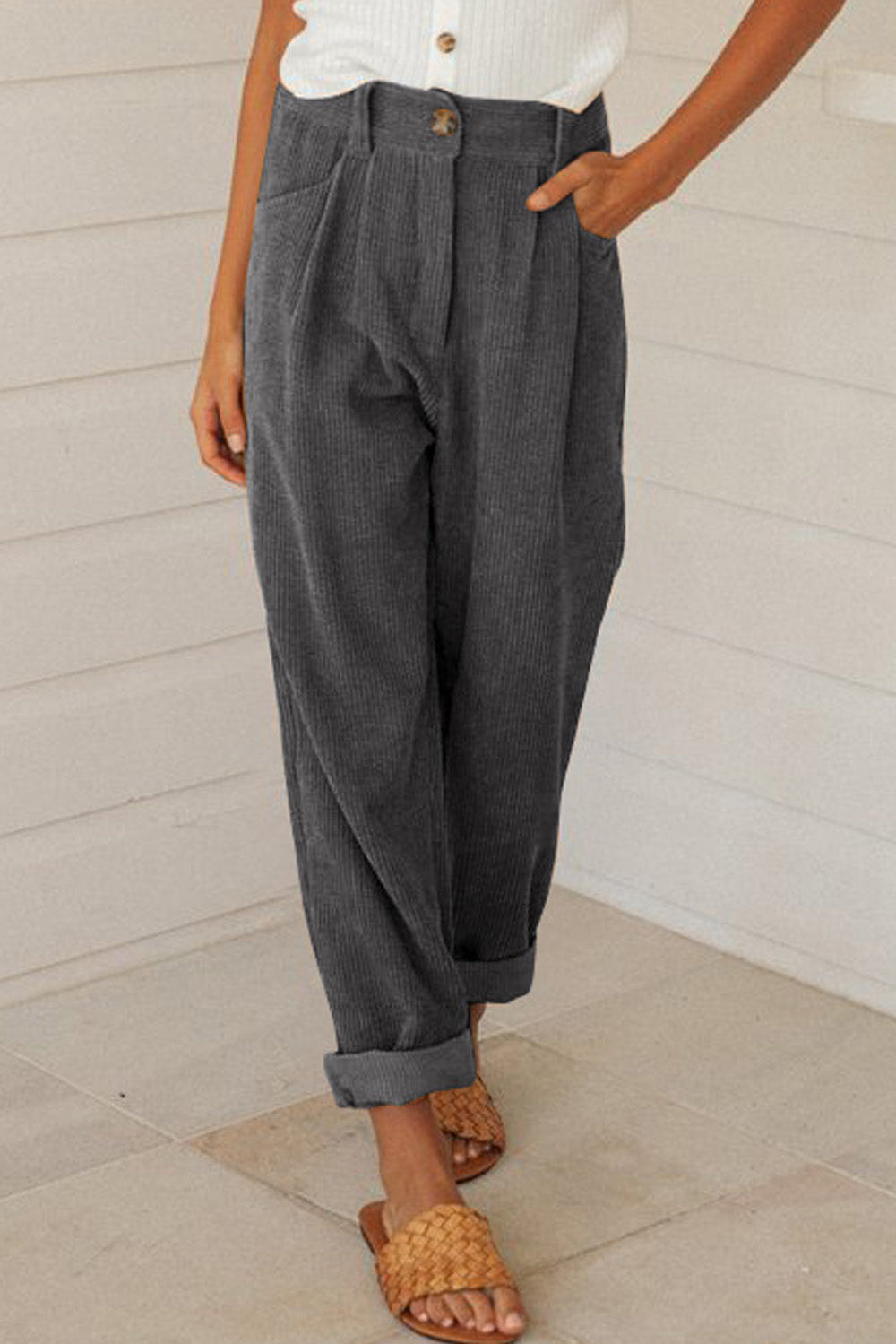 Kordhose Mit Hoher Taille Und Geradem Bein