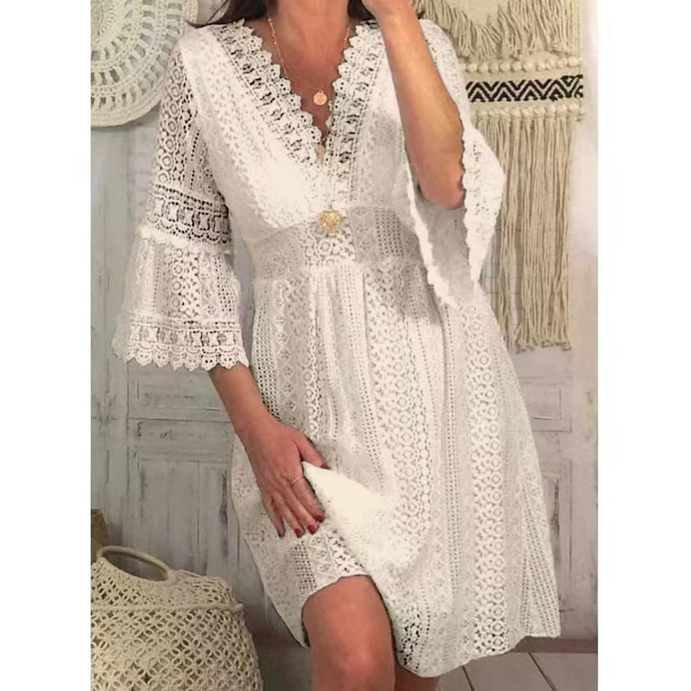 Heidi Mode | V-Ausschnitt hohle Spitze Horn Ärmel Kleid Rock