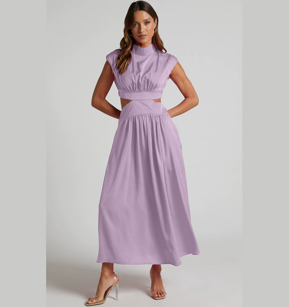 Heidi-Mode | Sommerliche Midikleid mit Hohem Kragen In Soliden Farben