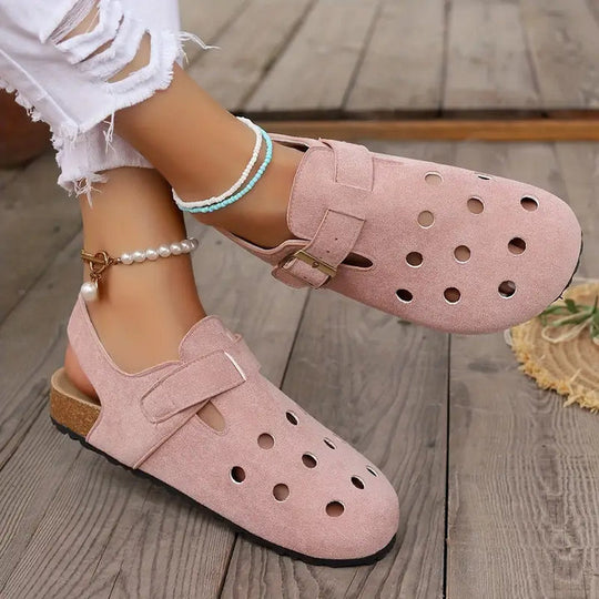 Retro-Hohlkork-Clogs mit Schnallenriemen an der Spitze
