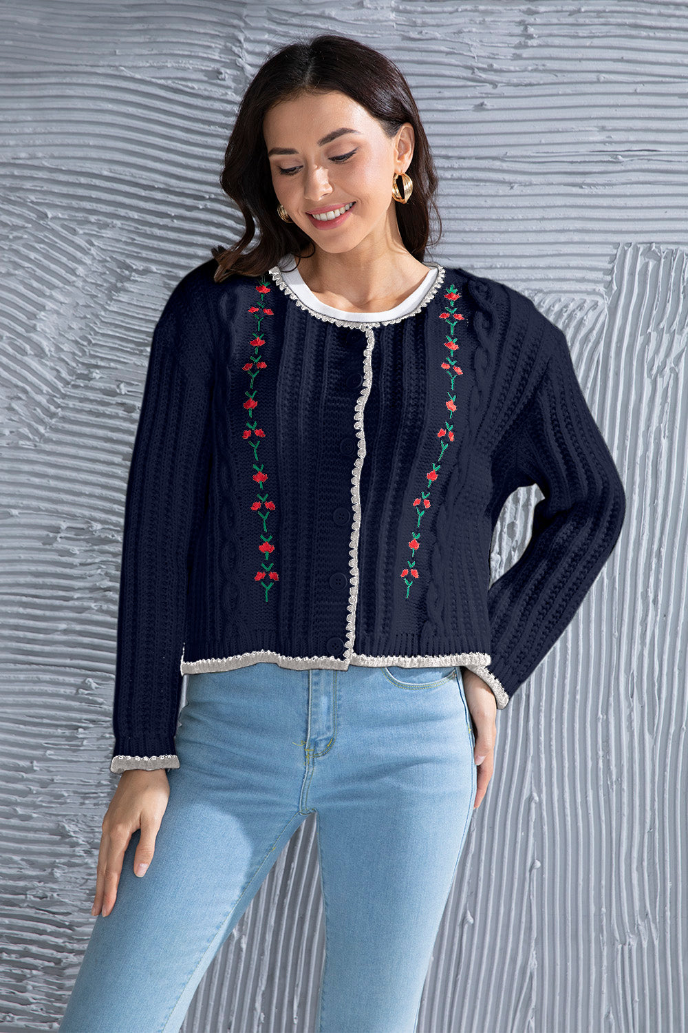 Heidi-Mode | Grafik Kabelstrick Knopfleiste Cardigan