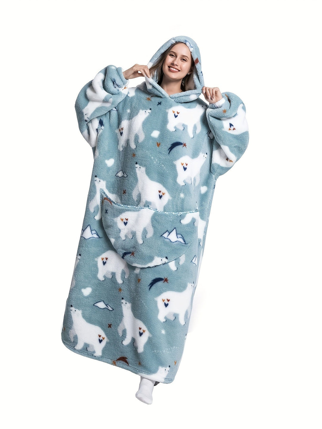 Heidi-Mode | Flanell Fleece Bademantel mit Kapuze und Eisbärenprint