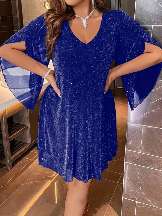 Heidi-Mode | Lässiges Baumwollkleid mit Glitzerndem V-Ausschnitt und Geschlitzten Ärmeln für Damen Ideal für Den Sommer