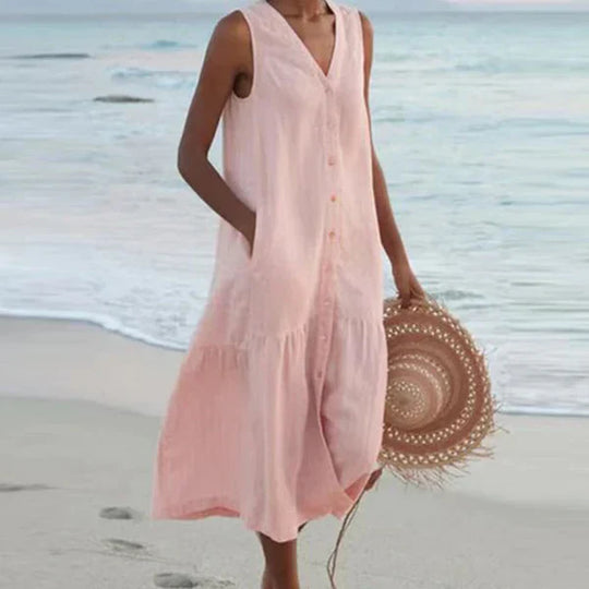 Heidi-Mode | Ärmelloses Knopfkleid mit V-Ausschnitt Strandkleid