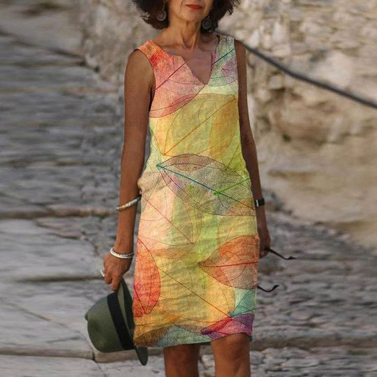 Heidi-Mode | Damen Helles Blätter Kleid Ärmellos