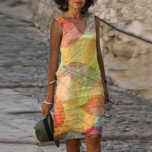 Heidi-Mode | Damen Helles Blätter Kleid Ärmellos