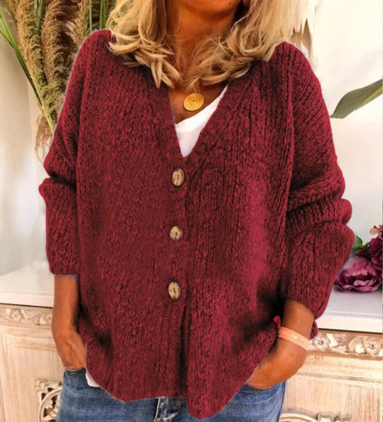 Heidi-Mode | Cardigan Relaxed Fit Chunky Knit V-Ausschnitt Knopf Vorderseite Ballonärmel