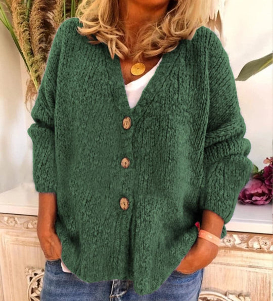 Heidi-Mode | Cardigan Relaxed Fit Chunky Knit V-Ausschnitt Knopf Vorderseite Ballonärmel