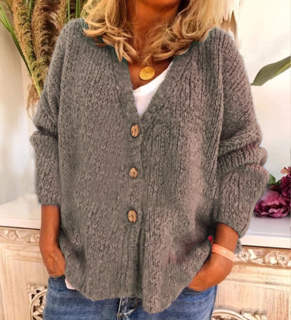 Heidi-Mode | Cardigan Relaxed Fit Chunky Knit V-Ausschnitt Knopf Vorderseite Ballonärmel
