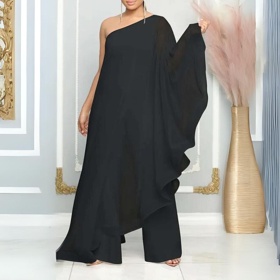 Fließendes One-Shoulder-Kleid mit transparentem Überzug