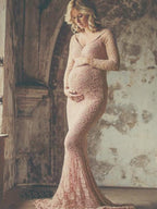 Heidi-Mode Schwangerschafts-Chaps für Fotoshooting, figurbetontes Maxikleid mit rosa Spitze, Meerjungfrau, elegante Mode