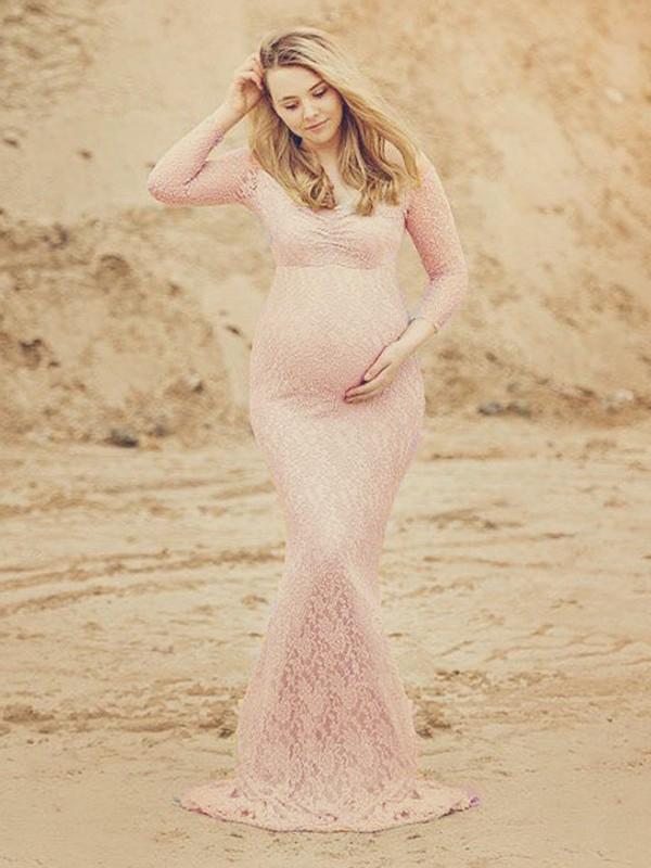 Heidi-Mode Schwangerschafts-Chaps für Fotoshooting, figurbetontes Maxikleid mit rosa Spitze, Meerjungfrau, elegante Mode