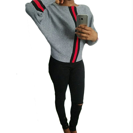 Damen lässiger Strickpullover mit sportlichem Streifenmuster Heidi-Mode