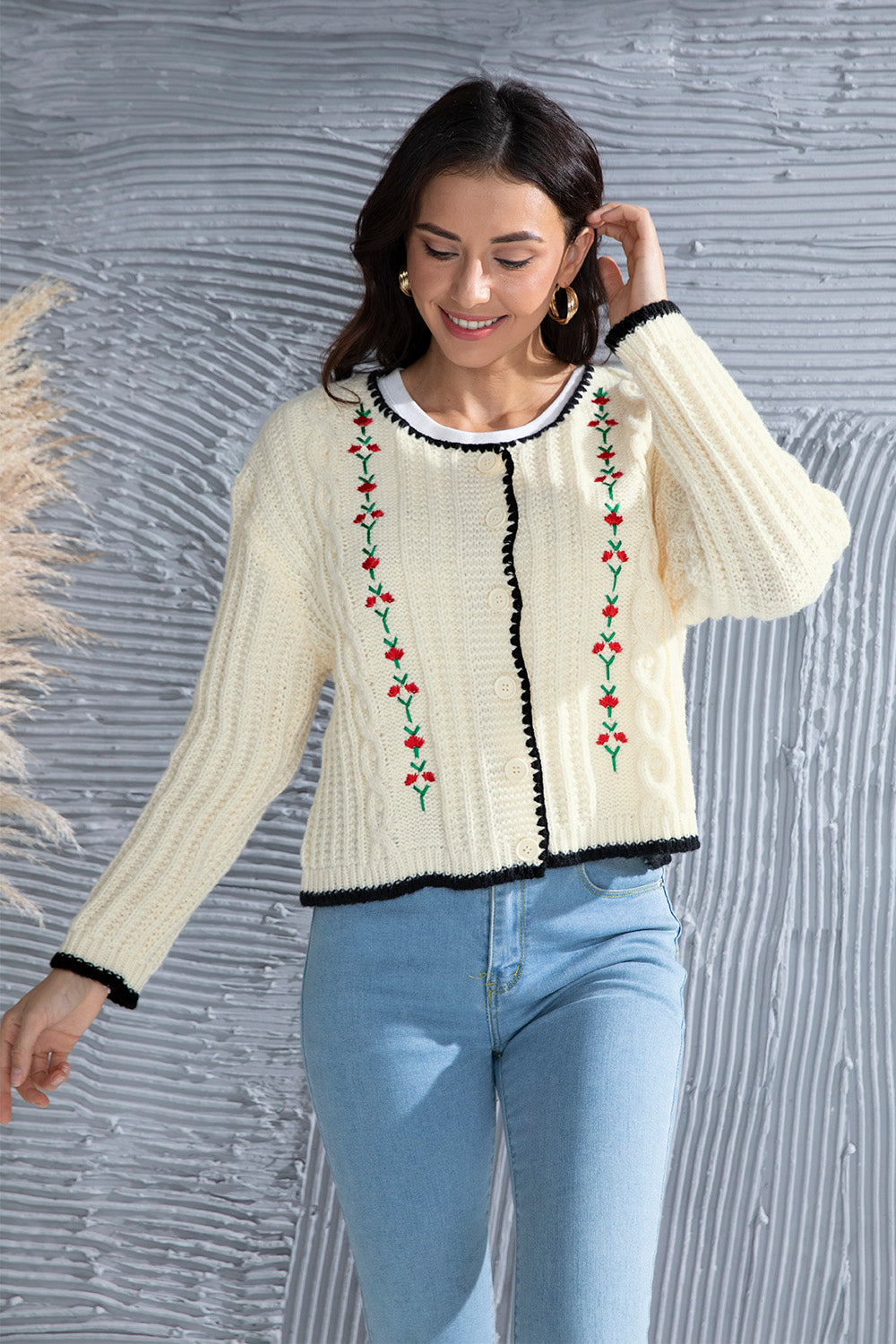 Heidi-Mode | Grafik Kabelstrick Knopfleiste Cardigan