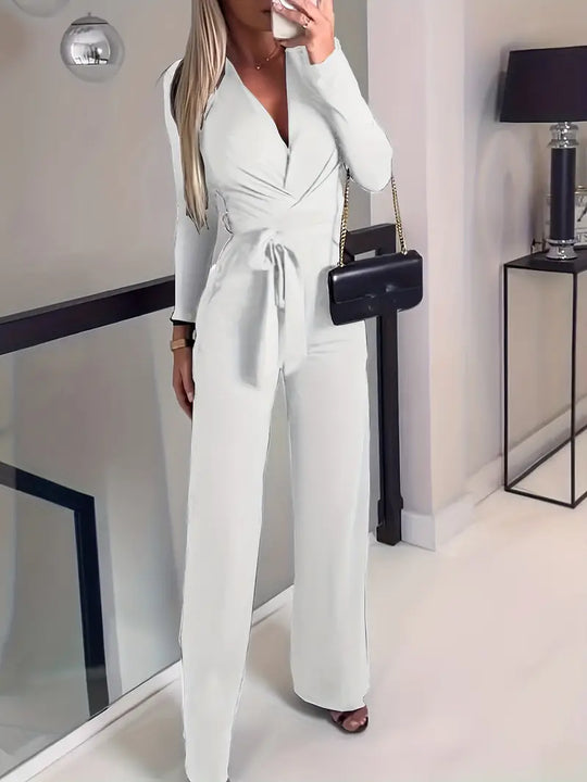 Slim elegance weit ausgestellter Gürtel mit V-Ausschnitt Jumpsuit