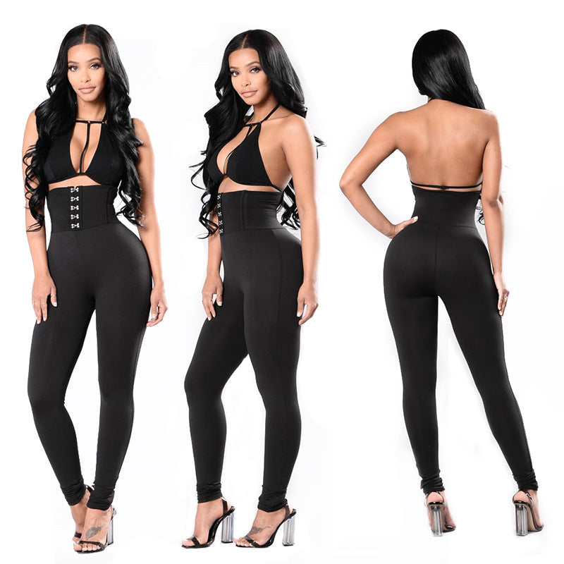 Damen Hochtaillierte Leggings mit dekorativem Knopfdesign Heidi-Mode