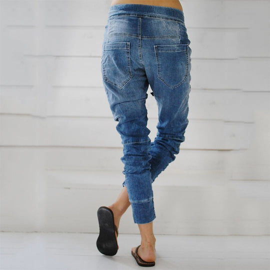 Damen lässige Denim-Haremshose mit Gummizug und tiefem Schritt Heidi-Mode