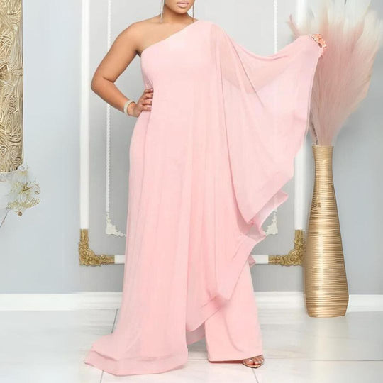 Fließendes One-Shoulder-Kleid mit transparentem Überzug