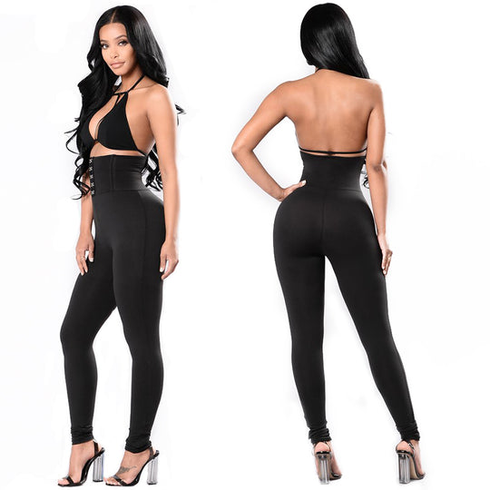 Damen Hochtaillierte Leggings mit dekorativem Knopfdesign Heidi-Mode