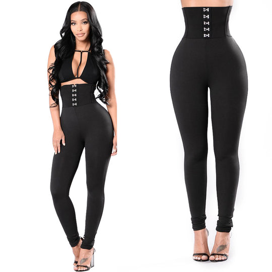 Damen Hochtaillierte Leggings mit dekorativem Knopfdesign Heidi-Mode