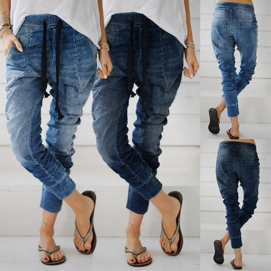 Damen lässige Denim-Haremshose mit Gummizug und tiefem Schritt Heidi-Mode