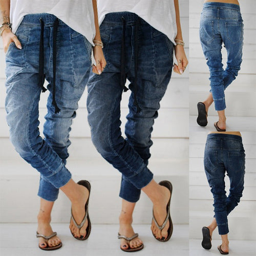 Damen lässige Denim-Haremshose mit Gummizug und tiefem Schritt Heidi-Mode