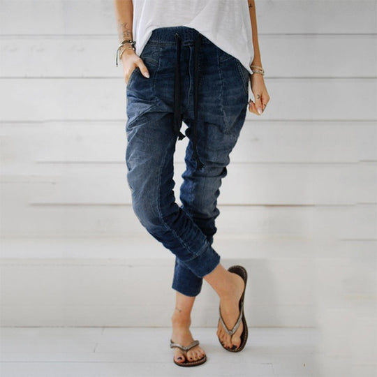 Damen lässige Denim-Haremshose mit Gummizug und tiefem Schritt Heidi-Mode