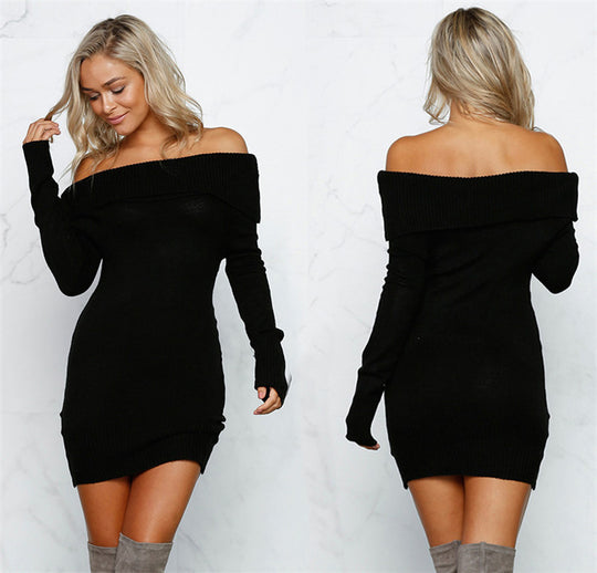 Damen Off-Shoulder Strickkleid mit figurbetontem Schnitt und feiner Rippstruktur Heidi-Mode