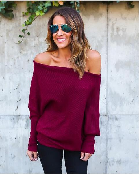 Damen lässiger Off-Shoulder Pullover mit strukturiertem Design und weiten Ärmeln Heidi-Mode