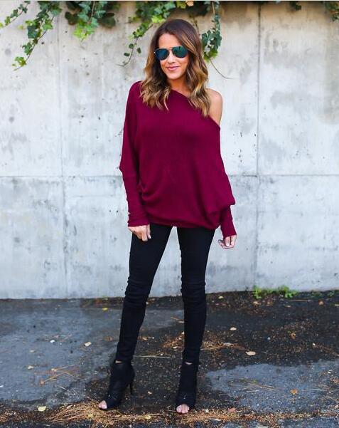 Damen lässiger Off-Shoulder Pullover mit strukturiertem Design und weiten Ärmeln Heidi-Mode