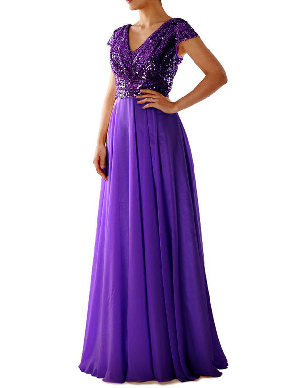 Heidi-Mode | Damen Kleider V-Ausschnitt Paillette Chiffon Paneel Maxi Kleid