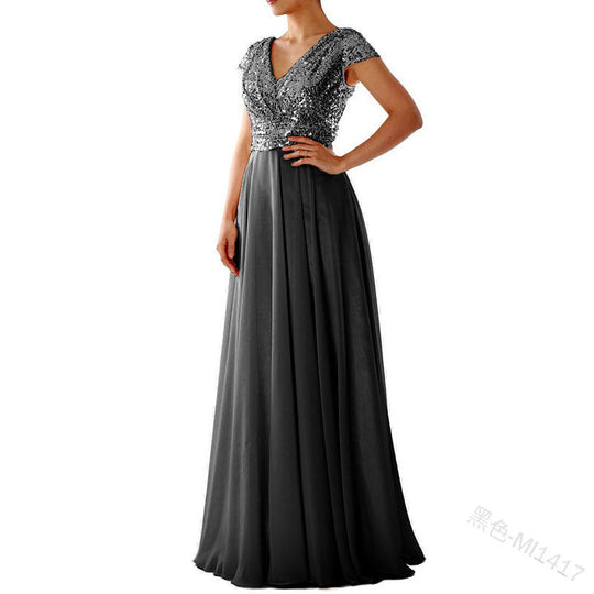 Heidi-Mode | Damen Kurzarm Glitzer Maxi Kleid