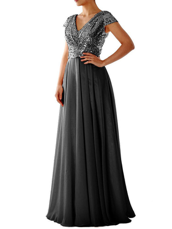 Heidi-Mode | Damen Kleider V-Ausschnitt Paillette Chiffon Paneel Maxi Kleid