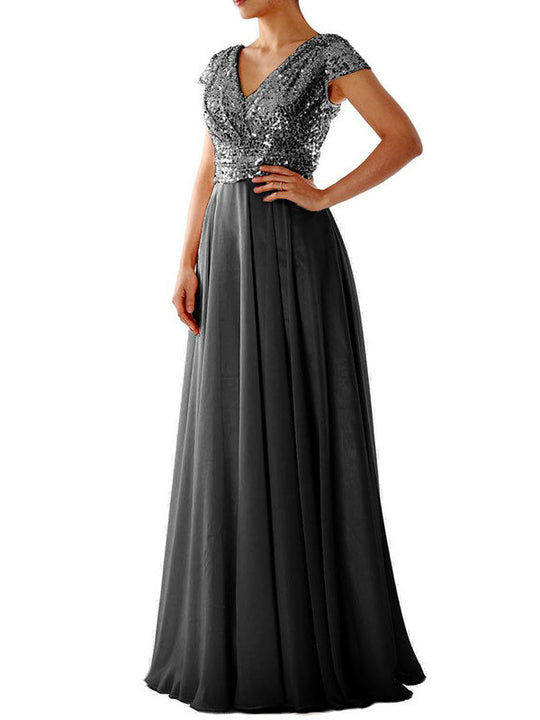 Heidi-Mode | Damen Kleider V-Ausschnitt Paillette Chiffon Paneel Maxi Kleid