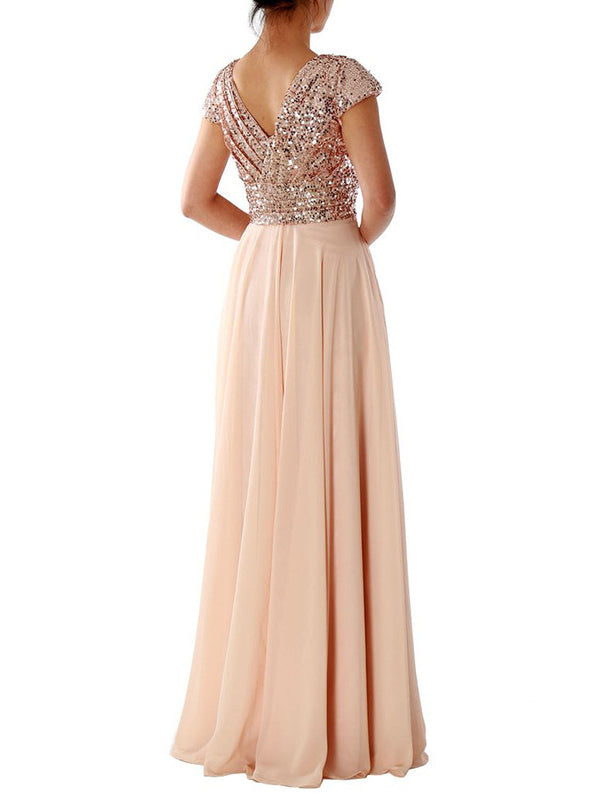Heidi-Mode | Damen Kleider V-Ausschnitt Paillette Chiffon Paneel Maxi Kleid