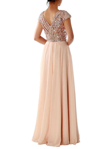 Heidi-Mode | Damen Kleider V-Ausschnitt Paillette Chiffon Paneel Maxi Kleid