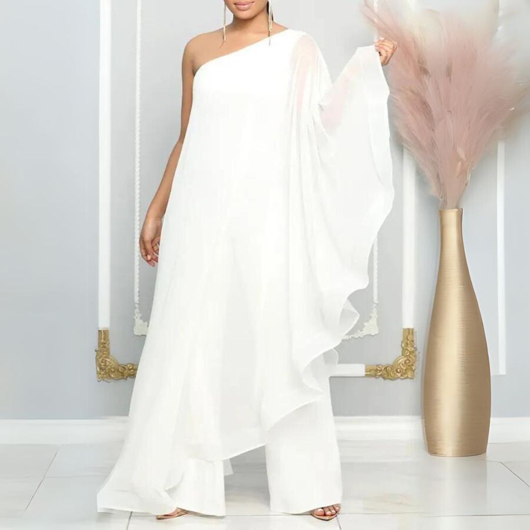 Fließendes One-Shoulder-Kleid mit transparentem Überzug