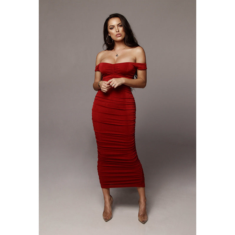 Damen figurbetontes Cocktailkleid mit schulterfreiem Design und Raffung Heidi-Mode