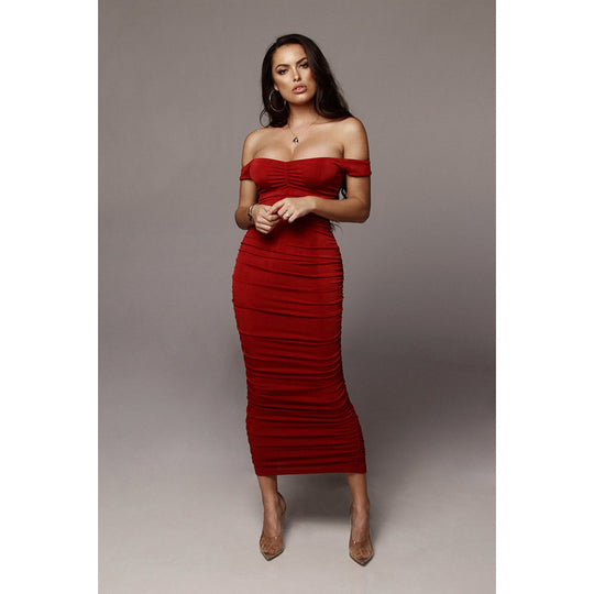 Damen figurbetontes Cocktailkleid mit schulterfreiem Design und Raffung Heidi-Mode