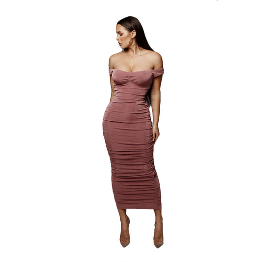 Damen figurbetontes Cocktailkleid mit schulterfreiem Design und Raffung Heidi-Mode