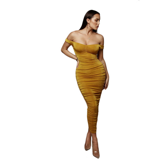Damen figurbetontes Cocktailkleid mit schulterfreiem Design und Raffung Heidi-Mode