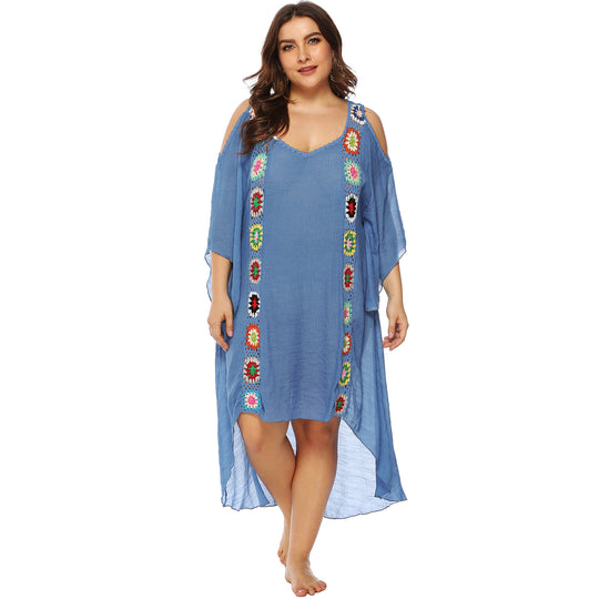Damen Strandtunika mit offenen Ärmeln und floralen Stickereien Heidi-Mode